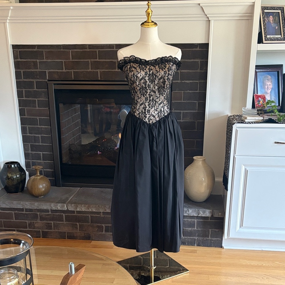 Gunne Sax Black and Ivory Strapless Dress with Lace Bodice